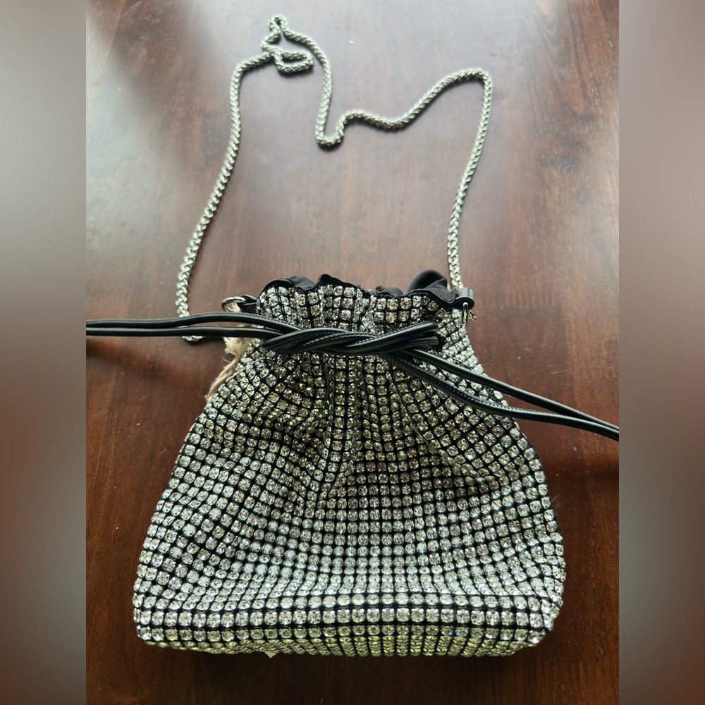 Madison West Elegant Silver Rhinestone Drawstring Bag. NWT
